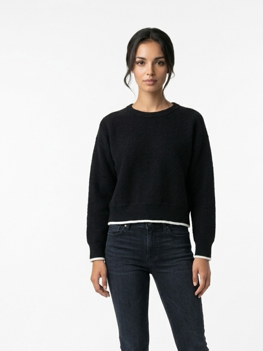 Madewell Womans Black Crewneck Sweater with White Hem Detail XL